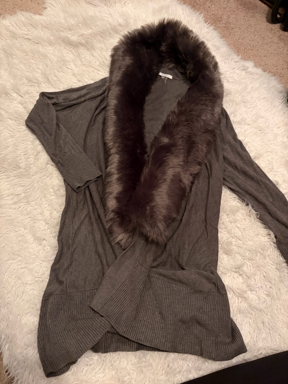 Sioni Gray Knit Sweater Cardigan with Faux Fur Collar